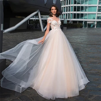 Prenses Dantel Aplikler düğün elbisesi Illusion V Boyun 3D Çiçekler Cap Sleeve Tül Backless gelin kıyafeti Vestidos De Novia Özel