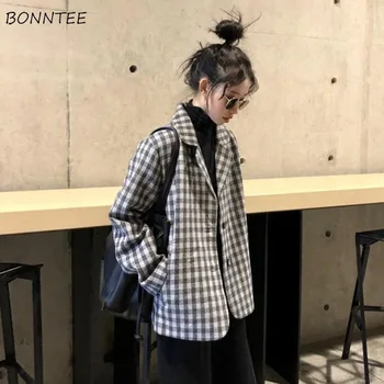 Kadın Blazers Ekose Gevşek Rahat Kadın Ofis Moda Sonbahar Bahar Dış Giyim Tek Göğüslü Çentikli Kore Tarzı Basit Zarif