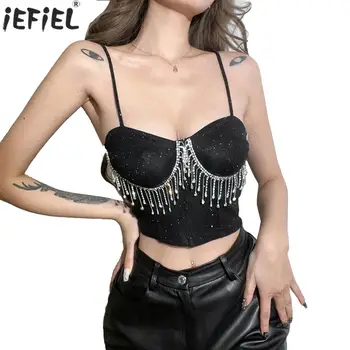 Bayan seksi tankları Glitter Rhinestone Püskül Kaşkorse Spagetti Kayışı Kolsuz Saçaklı Kırpma Üst Clubwear egzotik kostümler