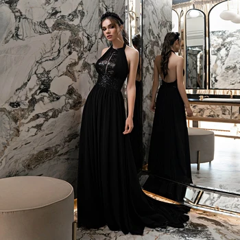 Yipeisha Halter Backless Abiye Siyah Şifon Balo elbise Pullu Uzun Düğün Parti Elbise Artı Boyutu