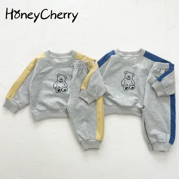 HoneyCherry Bebek Bahar Baskı Renk Eşleştirme Uzun kollu Setleri Bebek Spor Kazak Ve Pantolon İki parçalı Setleri