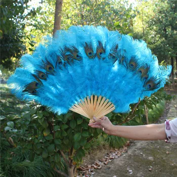 Güzel 1 adet / grup Doğa Göl Mavi Devekuşu Tüyü Fan 15 Kemik Dekorasyon Noel Ev Gereçleri Tavuskuşu Tüyleri Fan