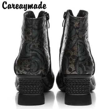 Careaymade-pamuklu ayakkabılar kadın orijinal ulusal tarzı Hakiki deri kısa çizmeler kaymaz kalın topuk işlemeli kış botu