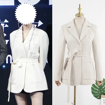Kadın Ofis Giyim Beyaz Blazer Sonbahar Kış 2021 Zarif Uzun Kollu Kadın Yün Ceket Kemer Ceket Giyim Chic Tops
