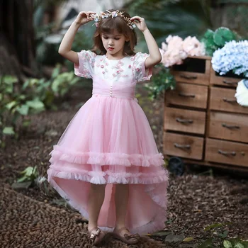 Sürükle kuyruk Bebek prenses elbise Çiçekler Boncuklu Kız elbise yaz Genç çocuk Pageant elbise Çiçek kız doğum günü partisi elbisesi