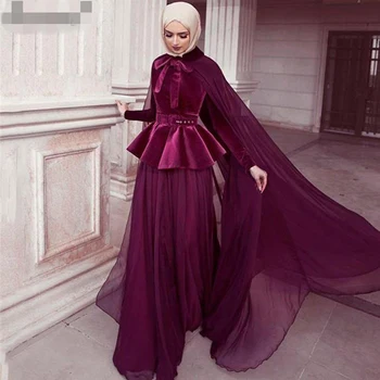 Vintage Müslüman Bordo Abiye Örgün Arapça balo kıyafetleri Kadın Parti Uzun Kollu Abiye Pelerin Kadife Vestido