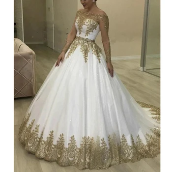 Çarpıcı Beyaz Altın Aplikler Balo cüppeli elbiseler O Boyun Uzun Kollu Boncuklu Payetli Arapça Dubai Gelinlikler