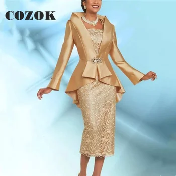 Altın Zarif Çay Boyu Anne gelinlik Uzun Kollu Düğün Konuk Elbise Örgün Abiye giyim Vestidos De Fiesta SX76