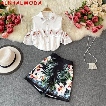 ALPHALMODA 2021 Çiçek Baskılı Taze Kadın Takım Elbise Ruffled Off-omuz Gömlek + Yüksek Bel Düz Şort Moda Yaz 2 adet Set