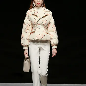Beyaz Ördek Aşağı Kısa Ceket Kadınlar için Sonbahar Kış Yeni Giysiler Zarif Çiçek Baskılı Kruvaze Fener Kollu sıcak tutan kaban