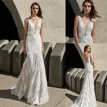 2021 Gelinlik Derin V Boyun Dantel Aplikler gelinlikler Custom Made Seksi Backless Sweep Tren Mermaid düğün elbisesi