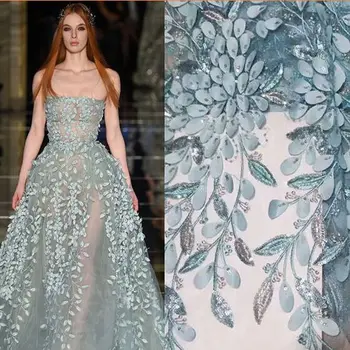 1 yard sıcak moda yeni sequins nakış kumaş 3D stereo yapraklar Fransız dantel moda düğün elbisesi süslemeleri dantel kumaş