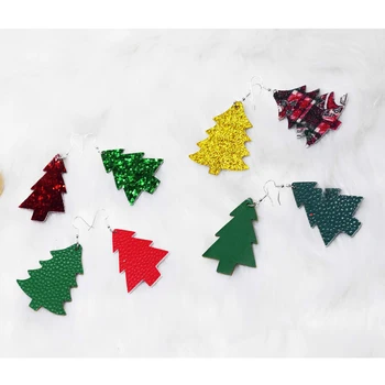 1 Çift Vintage PU Deri Yılbaşı Ağacı Şekilli Damla Küpe Renkli Kadınlar Noel Partisi Dangle Küpe Takı