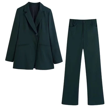 TRAF Kadın 2021 Moda İki parçalı Uygun Çift Göğüslü Ofis Blazer Yüksek Bel Düğmeli Düz Uzun Pantolon Streetwear Giyim 