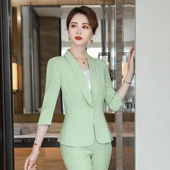 IZICFLY Yeni Stil Yaz Yeşil İnce Zarif İş Yarım Kollu 2 Parça Set Kadın Ofis Pantolon Takım Elbise Blazer İş Elbisesi ince