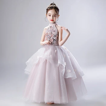 Açık gri halter Çiçek Kız Uzun Elbise Prenses Parti Elbise Çocuklar Resmi Elbise Çocuklar Kızlar için Elbiseler Düğün Akşam Giyim