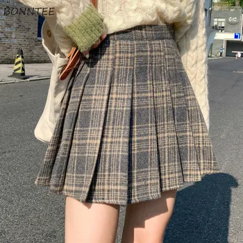 Etekler Bayan Diz Üstü Ekose Pilili Yüksek Bel Öğrenci Streetwear Kadın Kolej Vintage Moda Sonbahar Kore Tarzı Rahat
