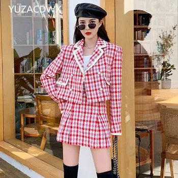 YUZACDWX Sonbahar Bağbozumu Ekose Tüvit Iki Parçalı Set Kadın Yün Kısa Ceket Ceket + Mini Etek Setleri Tatlı 2 Parça Takım Elbise
