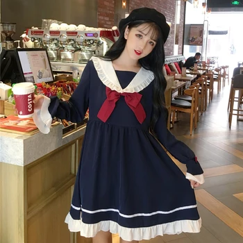 JapaneseContrasting Renk Denizci Yaka Yay Boynuz Uzun Kollu Yüksek Bel Ruffles Bebek Elbise Kadın Sonbahar okul kız üniforma