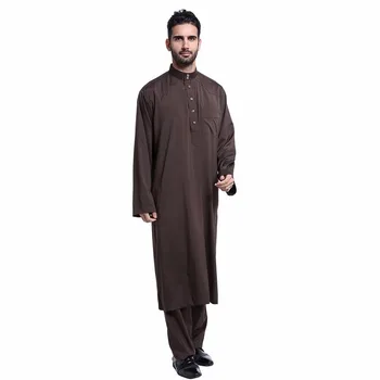2023 yeni Yeni Müslüman Erkekler Uzun Kollu Jubba Thobe + Pantolon 2 adet setleri İslam Suudi Arap Müslüman Dubai Bayram Kaftan Elbise Artı Boyutu