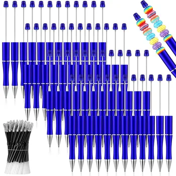 50 Adet Plastik Okunabilir Kalem Toplu Boncuk Tükenmez Kalem Mili Siyah Mürekkep Boncuklu Kalemler 50 Yedekler DIY Yapımı için hediye Mavi
