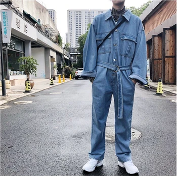 2020 Yeni Denim Tulum Büyük Boy Erkek Gevşek Takım Hip Hop Romper Uzun Kollu Kemer Sonbahar Kot Tulum Erkek Streetwear