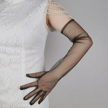 Seksi Siyah Şeffaf Dantel Elbise Eldiven Yaz Açık Tam Parmak Uzun Güneş Koruyucu Örgü Eldivenleri K10 Sürüş İpek Düğün Kadın 