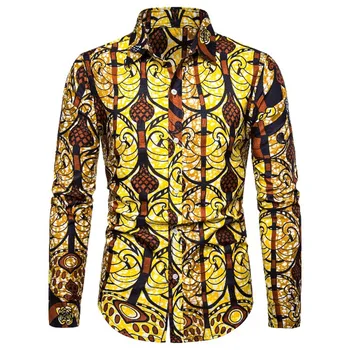 Vintage Afrika Etnik Baskı Elbise Gömlek Erkekler Camisa Masculina 2022 Hipster Yeni Slim Fit uzun kollu erkek gömlek Gömlek Parti Balo Gömlek