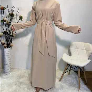 Son İpeksi Pürüzsüz Kumaş Müslüman Elbise Abaya Syari Kadın Tam Boy Basit müslüman çarşaf İbadet Hizmeti Abayas Kemer ile