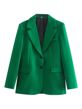 Evfer Ofis Bayan Rahat Tek Göğüslü Yaz Uzun Yeşil Blazers Dış Giyim Bayan Iki Cepler Moda Düz Ince Ceketler