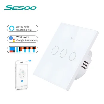 Orijinal SESOO AB standardı, WİFİ dokunmatik anahtarı APP kablosuz akıllı ışık duvar anahtarı 3 Gang 1way Alexa / Google ev