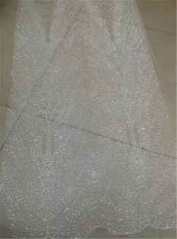 yeni tasarım afrika yapıştırılmış glitter dantel kumaş sequins dantel kumaş beyaz parlak glitter Fransız tül dantel kumaş H-181044