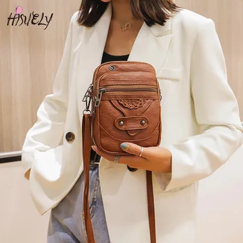 Retro yumuşak deri kadın çantası mini cep telefonu çantası omuz askılı çanta rahat çok katmanlı satchel cüzdan