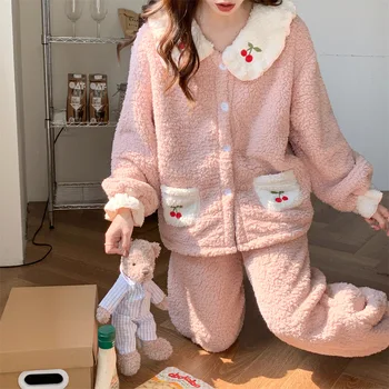 Baskı Pijama Pembe Sıcak Pijama Seti Mercan Kadife Tatlı Kiraz Pijama Kadın Kadın Bebek Yaka Ev Giysileri Kıyafeti