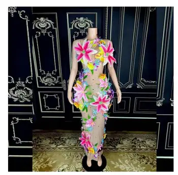 2022 Balo doğum günü partisi elbisesi Gece Kulübü Sahne Gösterisi Giyim Sparkly Rhinestones Çıplak Şeffaf Çiçek uzun elbise