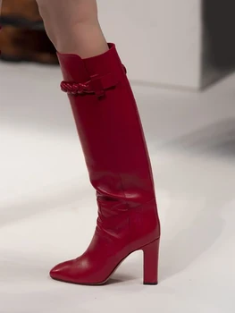 Tıknaz Topuk Diz Yüksek Çizmeler Patent Deri Custom Made Kare Ayak Gizli Zip Çizme Kadın Örgü Kayış Moda Yeni Varış Ayakkabı
