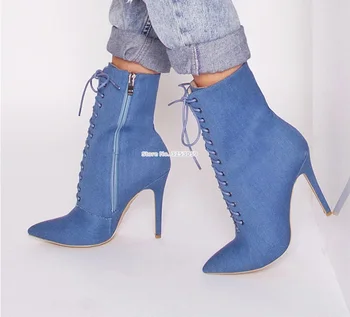 ALMUDENA Kadınlar Muhtasar Mavi Denim yarım çizmeler Sivri Burun Stiletto Topuklu Elbise Ayakkabı Dantel-up Kot Gladyatör Patik Dropship