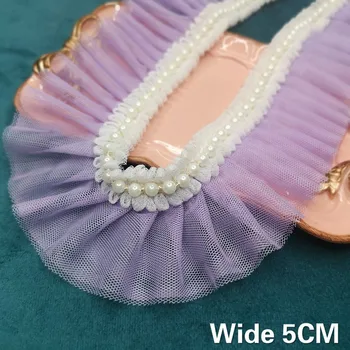 5CM Genişliğinde Glitter boncuklu Örgü İpliği Mor Pembe 3d Pilili Dantel Aplike Şerit Yaka Trim düğün elbisesi Dikiş Gipür Malzemeleri