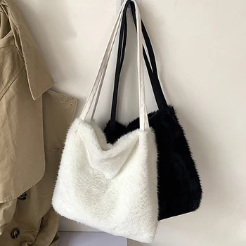 Kadın Alışveriş Çantası Peluş Tote omuz çantaları Kadınlar İçin 2020 Kabarık Kadın Çanta Kürk Bayanlar El Alışveriş Çantası Siyah Ana Kesesi
