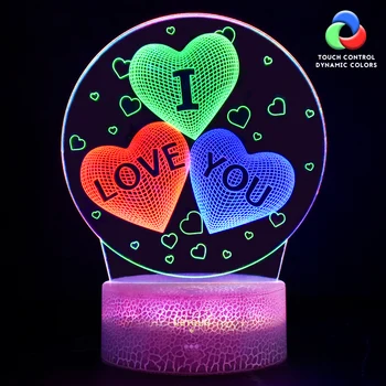 LED Gece ışıkları Üç Renkli Kalp 3D Lambaları yatak odası dekoru Başucu Sevimli Masa Lambası Sensörü Dokunmatik İç Neon Aydınlatma