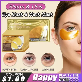 1 Adet Boyun Maskesi 5 Çift Altın Göz Maskesi Kaldırma Koyu Halkalar Akne Anti-Aging Kırışıklık Karşıtı Ortadan Kaldırmak Göz Torbaları Yüz Cilt Bakımı Aracı