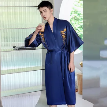 Saten Gecelik Bornoz Elbisesi Samimi İç Çamaşırı Nakış Ejderha Gecelik Erkekler Kimono Elbise Rahat Ev Giyim Pijama