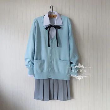 Japon okul üniforma takım set Su Mavi Hırka kazak + katı beyaz uzun kollu gömlek + Koyu gri Pilili etek