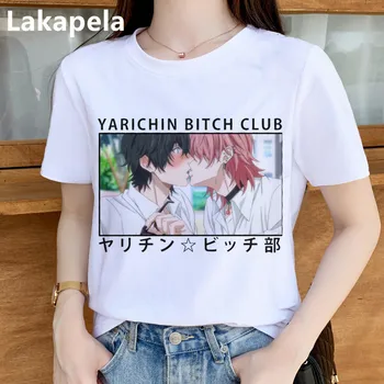 Yarichin B Kulübü Anime Grafik Moda Yaz kadın tişört Üst Taban O-Boyun beyaz Tees Komik Goth İlginç Kız T-shirt