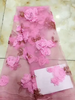 Pembe Renk Örgü fransız Dantel Kumaş 3D Büyük Çiçek Afrika Dantel Kumaş Kaliteli 2018 Net Dantel Nijeryalı Malzeme Elbise Pul 