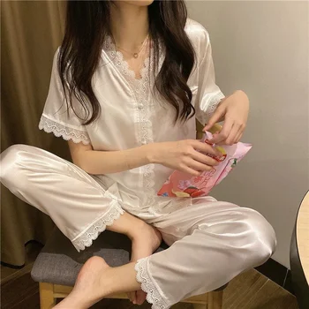 Kore Bahar ve Yaz Dantel Yaka İpeksi Kısa Kollu Pantolon Düz Renk Gevşek Pijama kadın Ev Giyim Seti Rahat