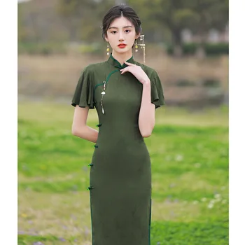 Kadınlar Yeşil Cheongsam Fırfır Kısa Kollu Yumuşak Vintage Elbise Ince Düğün Kostümleri Zarif Geleneksel Qipao XXL S