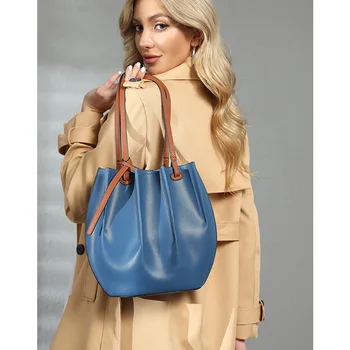 Kadın askılı omuz çantası Kontrast Renk Kafa Deri Büyük Kapasiteli Kova Çanta Lüks kadın Marka Çanta Moda alışveriş çantası