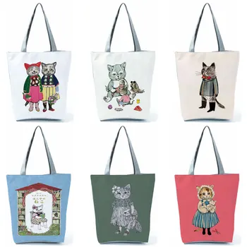Japon Tarzı Çizim Sevimli Kedi Kız Baskı Çanta Bayan Çantası omuzdan askili çanta Açık Tote Katlanabilir alışveriş çantası Özel Desen