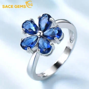 SACE TAŞLAR Lüks Doğal Mavi Safir Yüzük Kadınlar için 925 Ayar Gümüş Çiçek Şekli Zarif Düğün Parti Taş Takı